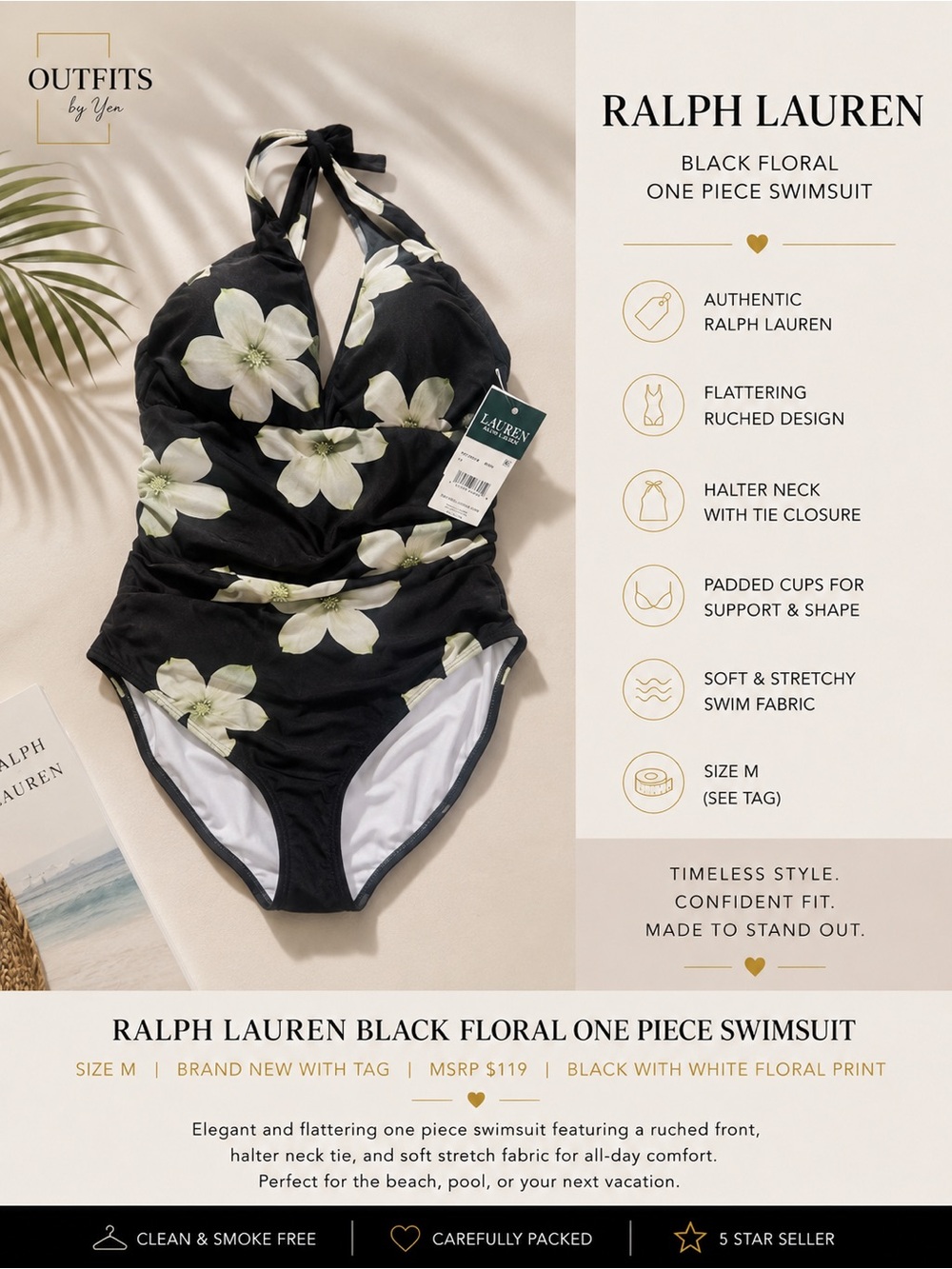 Ralph Lauren Black Floral One Piece Swimsuit